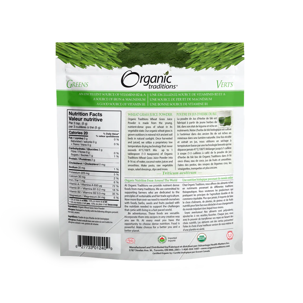 Organic Traditions Wheat Grass Juice 150g Powder Natural Focus Health 7001