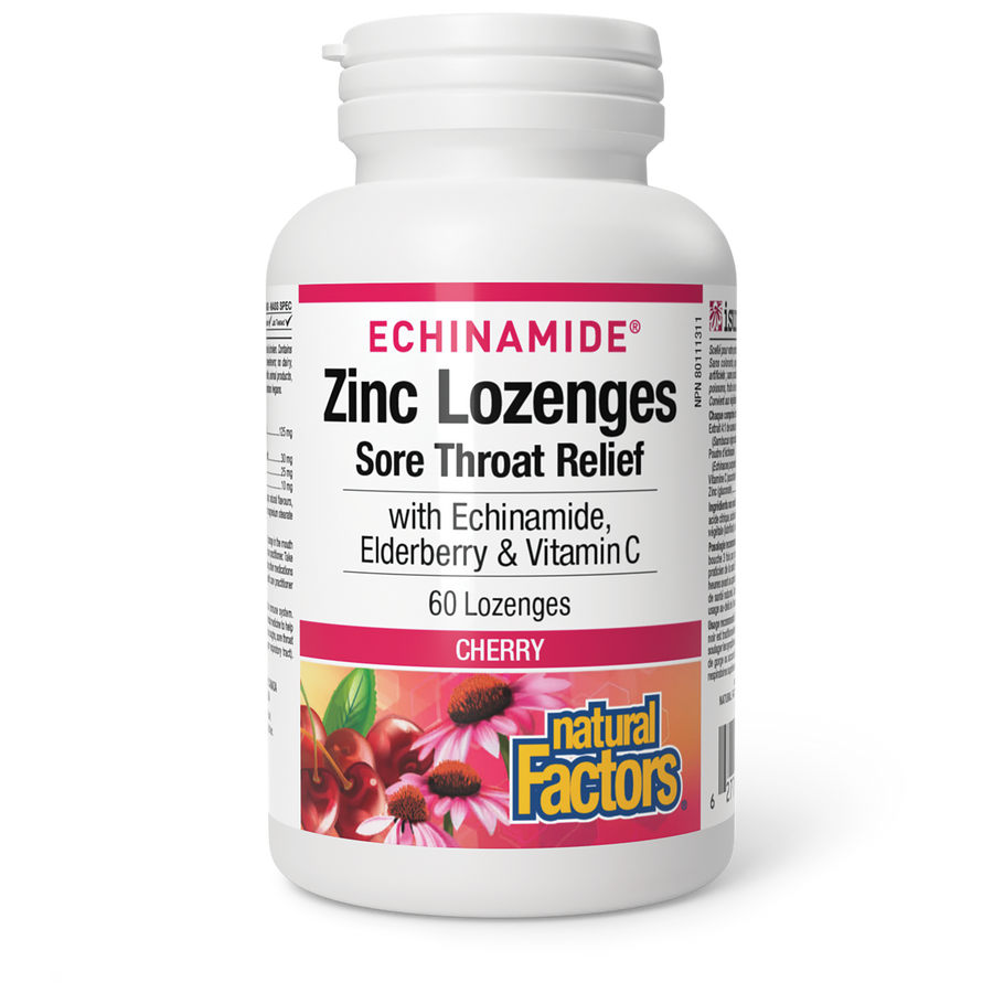 Natural Factors Zinc Lozenges Sore Throat Relief Cherry Flavour 60 Lozenges