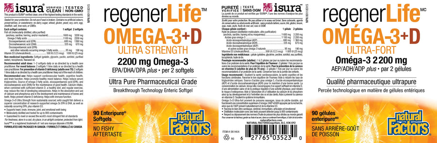 Natural Factors RegenerLife Omega-3 + D Ultra Strength 150 Softgels