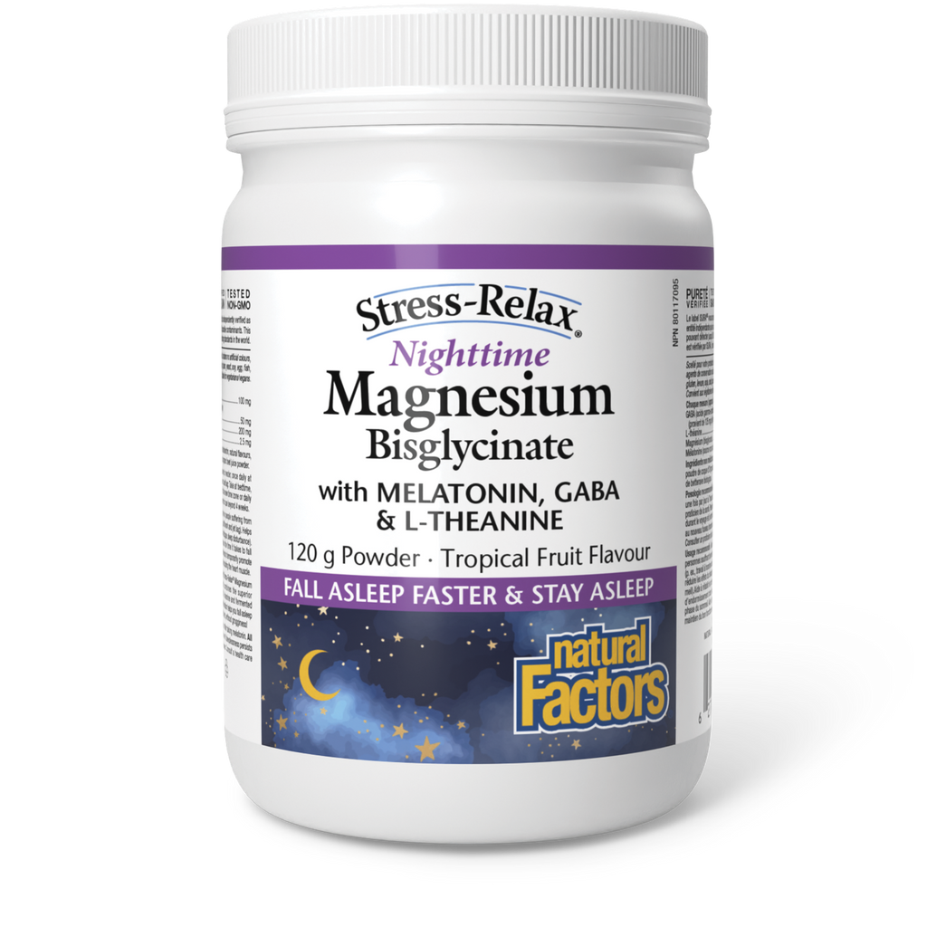 Natural Factors Nighttime Magnesium Bisglycinate 120g Powder Tropical Fruit Flavour