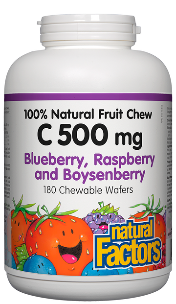 Natural Factors C 500mg Blueberry, Raspberry and Boysenberry Flavour 180 Chewable Wafers