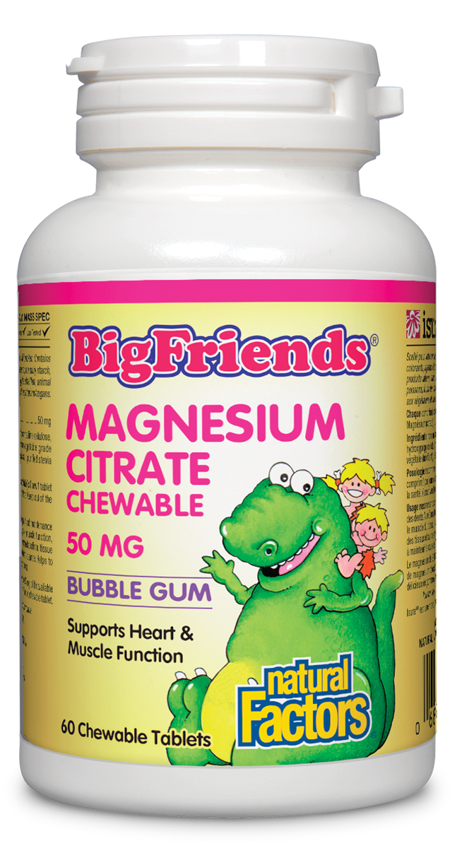 Natural Factors Big Friends Magnesium Citrate 50mg BubbleGum Flavour 60 Chewable Tablets