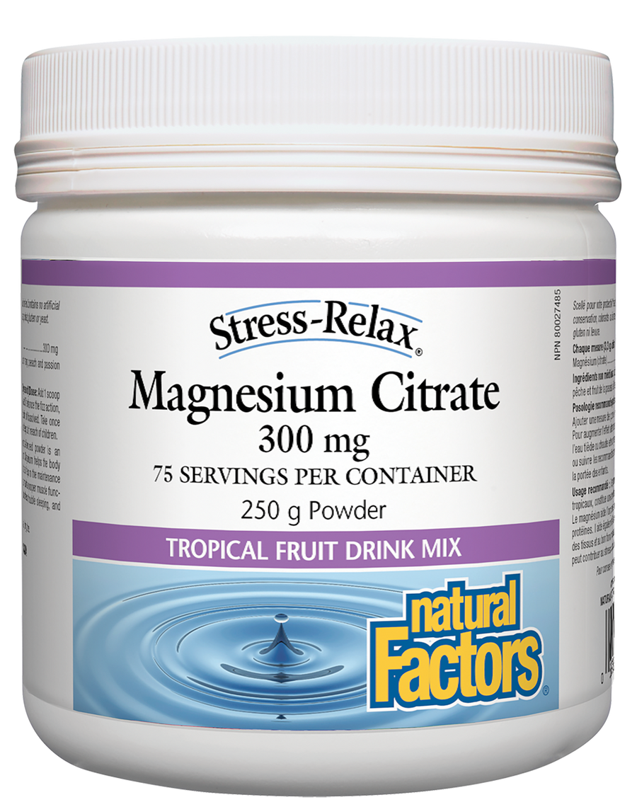 Natural Factors Magnesium Citrate, Tropical Fruit Flavour, Stress-Relax 300 mg 250 g Powder