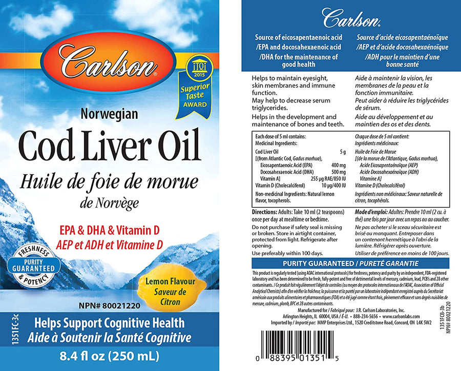 Carlson Cod Liver Oil Lemon Flavour 250ml Liquid