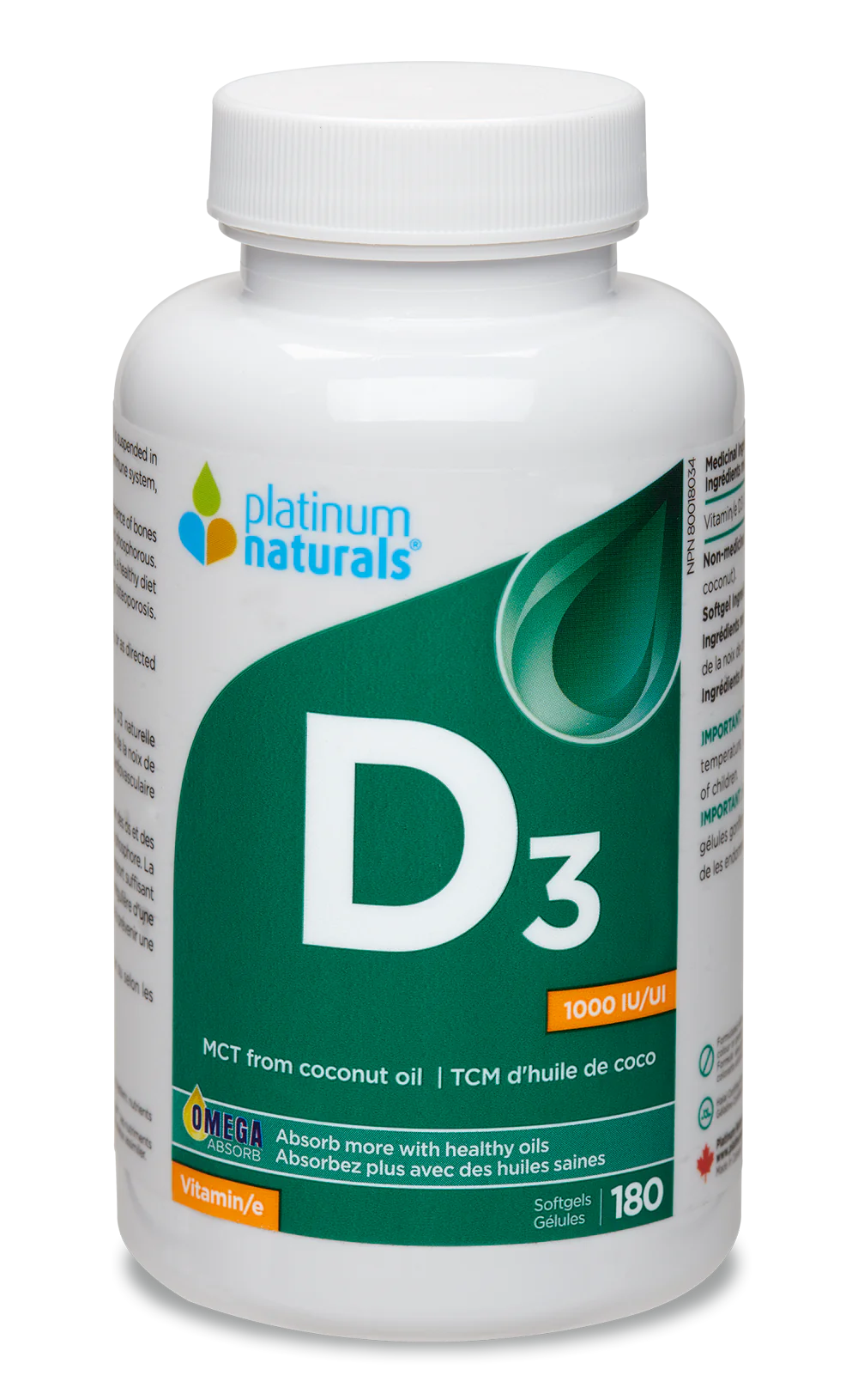 Platinum Naturals Vitamin D3 1000 IU 180 Softgels